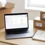 Una laptop mostrando la interfaz de Google Tag Manager en un escritorio, flanqueada por una caja de cartón grande abierta etiquetada "UN CONTENEDOR" y tres cajas más pequeñas cerradas etiquetadas "CONTENEDOR A", "B" y "C", ilustrando la estrategia de centralización frente a segmentación.